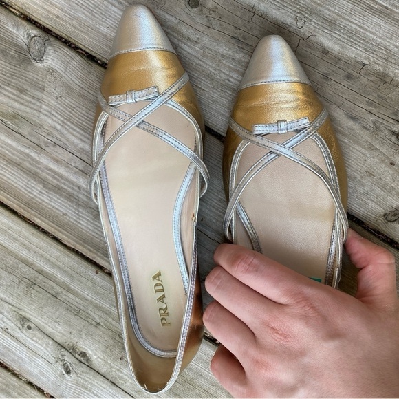 Prada Gold/Silver Leather Toe Pointed Toe Ballet Flats Size 6 - Picture 13 of 14